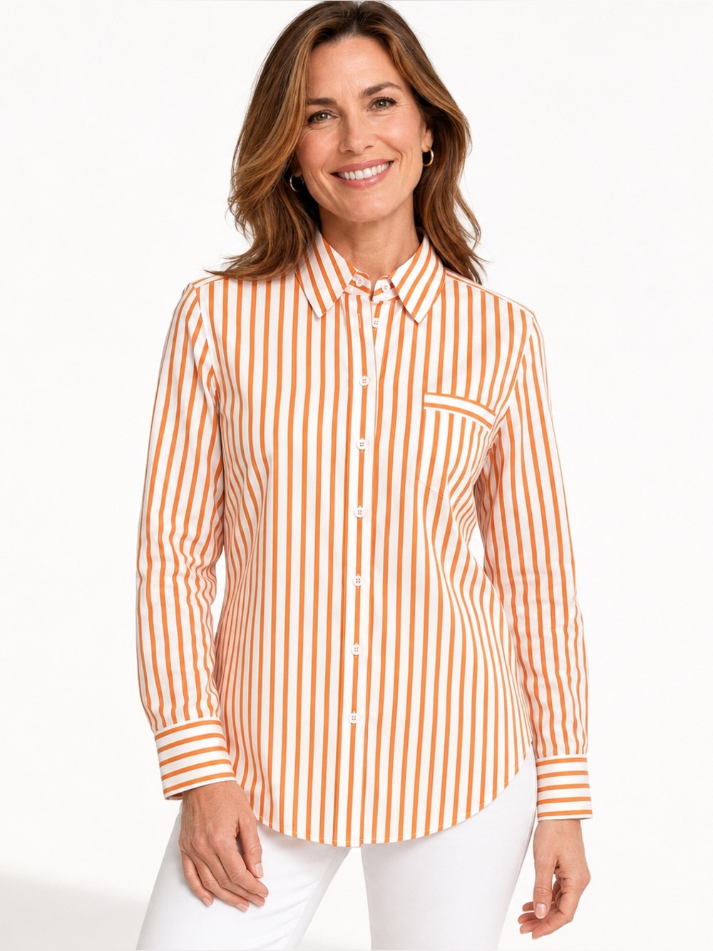 Foxcroft Non-Iron Orange White Stripe Fitted Button Down Shirt Women’s 14